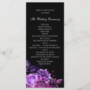 Programa de boda negro. Tarjeta de ceremonia flora