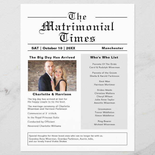 Programa de Boda Novedad Volante Estilo Periódico (Frente)