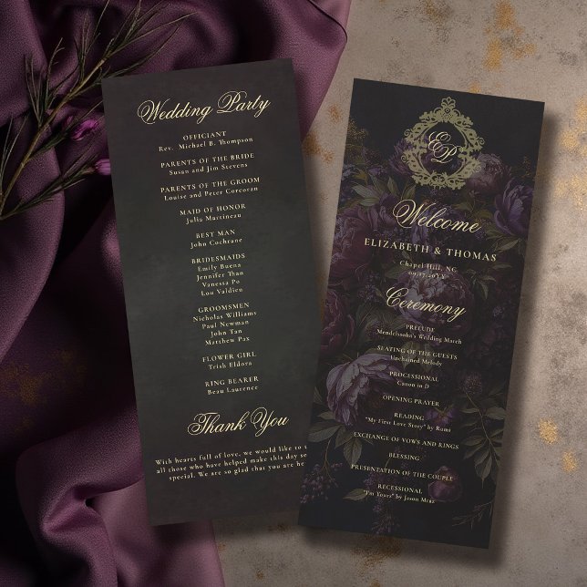 Programa de boda oscuro victoriano con cresta de e (moody wedding program victorian antique lace crest dark burgundy purple peony floral gold)