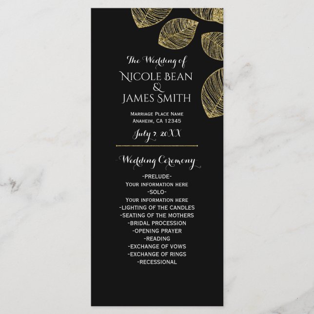 Programa de Boda Otoño Negro Hojas Doradas (Anverso)