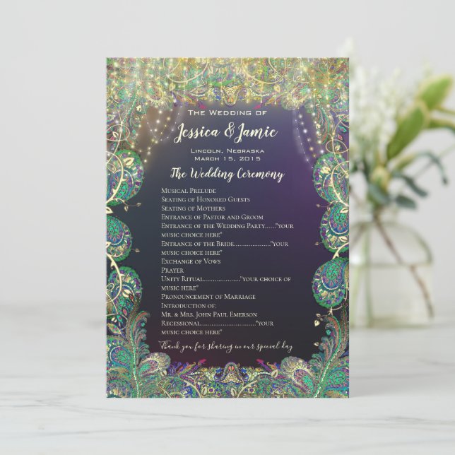 Programa de Boda Paisley Peacock Colors (Anverso de pie)