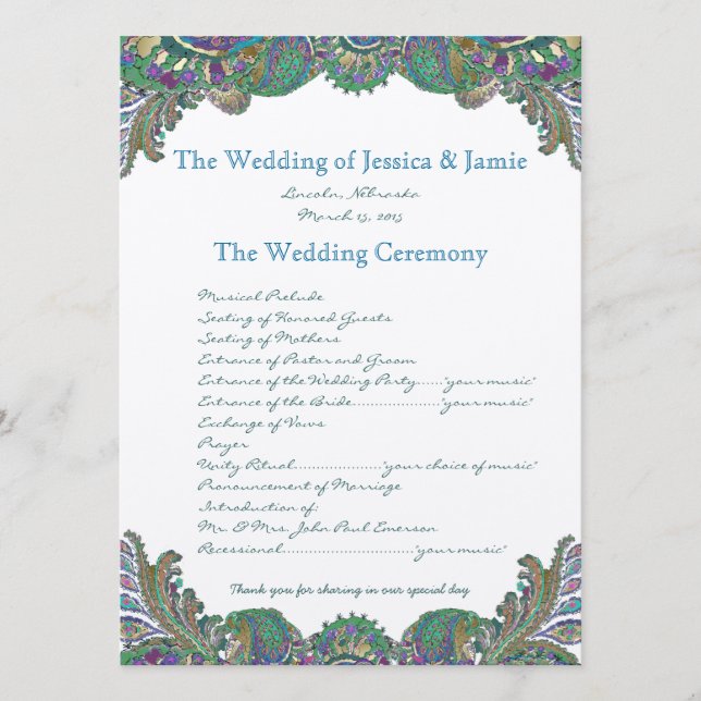 Programa de Boda Paisley Peacock Colors (Anverso)