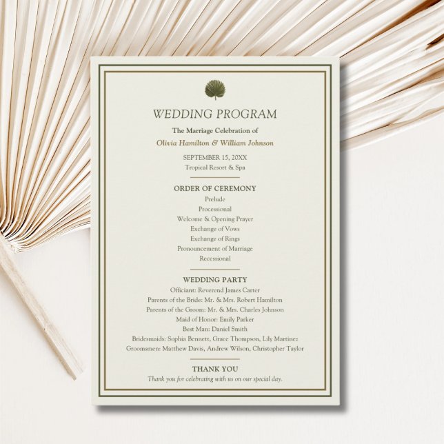 Programa de Boda Palma Marfil y Dorado (Ivory & Gold Palm wedding program with personalized ceremony order and wedding party details)