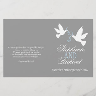 Programa de boda palomas blancas cinta azul gris