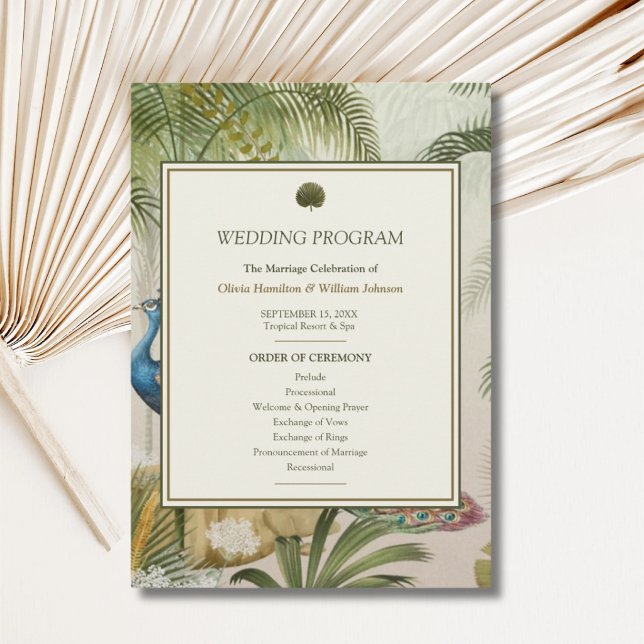 Programa de Boda Peacock Palm (Peacock Palm wedding program with personalized ceremony order, couple’s names and wedding date)