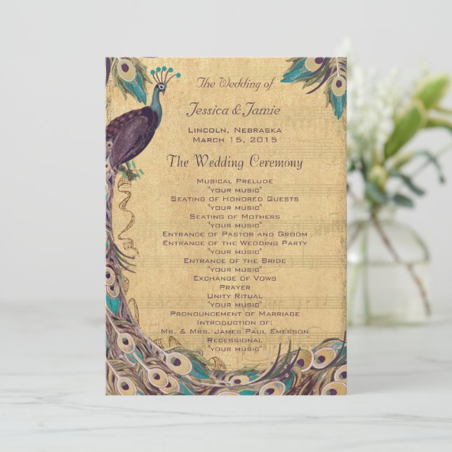 Programa de Boda Peacock Vintage Aqua Berenjena (Anverso de pie)