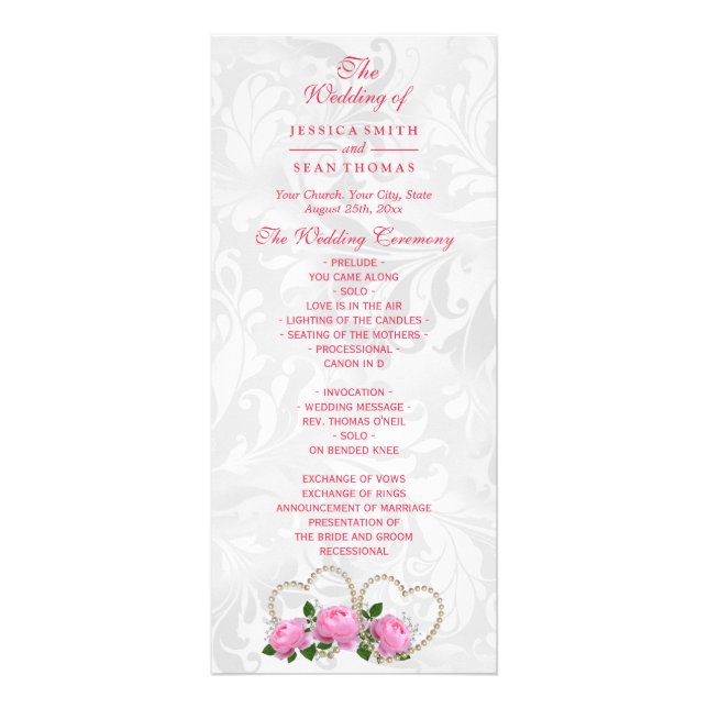 Programa de Boda Pearl Hearts & Roses Damask (Frente)