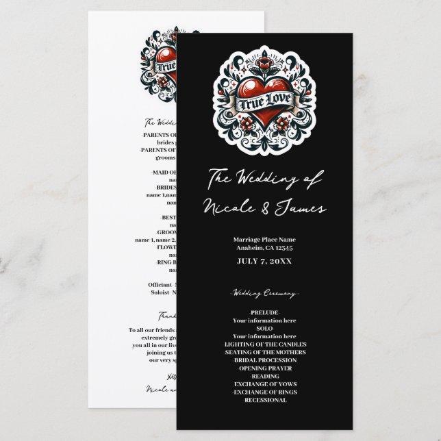 Programa de Boda Pegatina de Tatuaje de Corazón de (Anverso / Reverso)