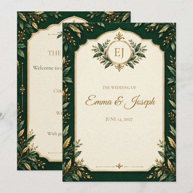 Programa de boda personalizado de verde bosque y o (Anverso / Reverso)