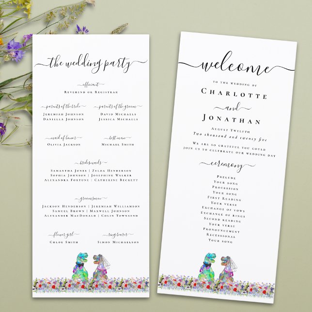 Programa de Boda Personalizado Novia y Novio Dinos (Colorful T-Rex bride and groom funny dinosaur wedding ceremony program card Wildflower meadow)