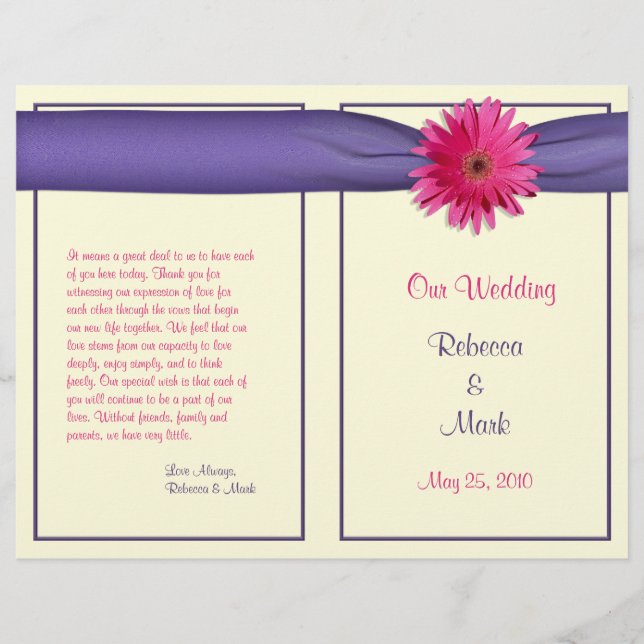 Programa de Boda Pink Gerbera Daisy Purple Ribbon (Anverso)