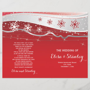 Programa de boda plegado con copos de nieve rojos,