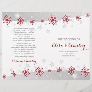 Programa de boda plegado de copos de nieve rojos y