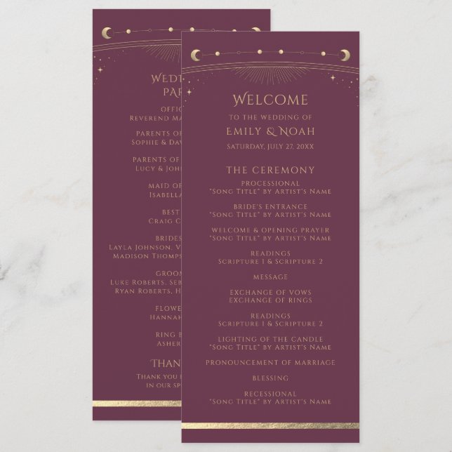 Programa de Boda Plum Gold Celestial Sun Moon Star (Anverso / Reverso)