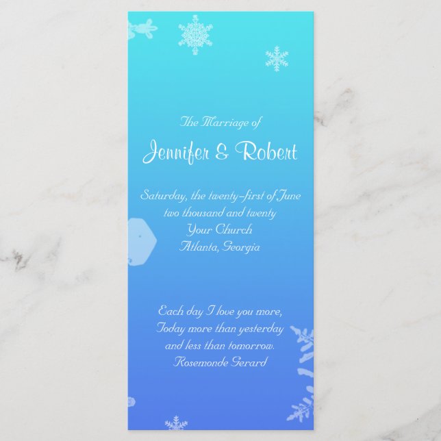 Programa de Boda Postal con Copo de Nieve Azul y V (Anverso)