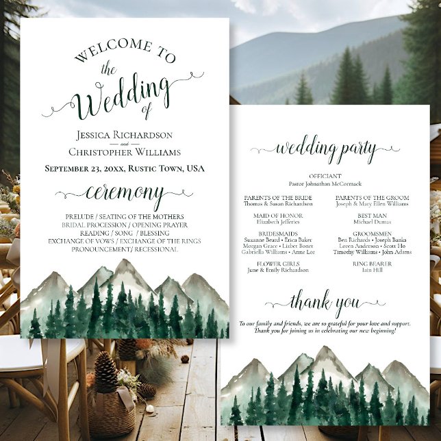 Programa de Boda Presupuestaria de Watercolor Moun (Front/Back)
