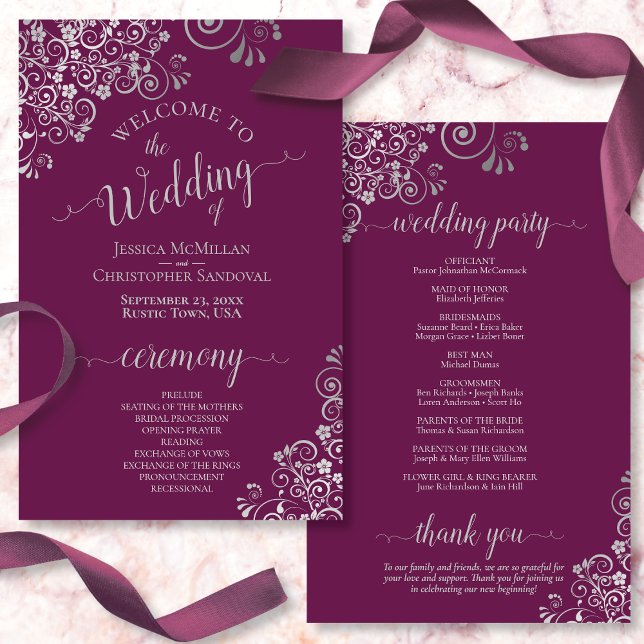 Programa de Boda Presupuestaria Púrpura de Plata L (In Situ Front and Back)