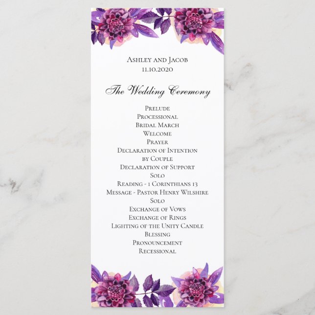 Programa de boda púrpura. Ceremonia de flores de a (Anverso)