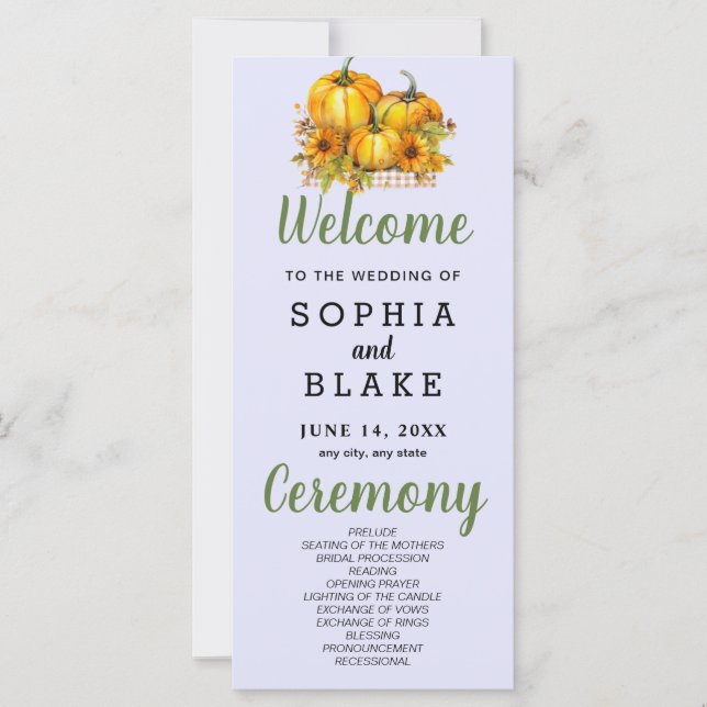 Programa de Boda Púrpura de Calabazas y girasoles (Anverso)