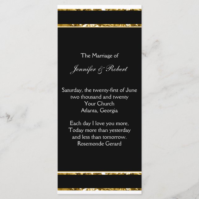 Programa de Boda Purpurina de Blanco y Oro Negro (Anverso)