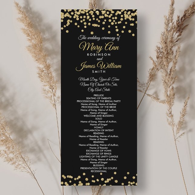Programa de Boda Purpurina de Burlas de Oro Confet (Wedding Program Gold Faux Glitter Confetti Black)