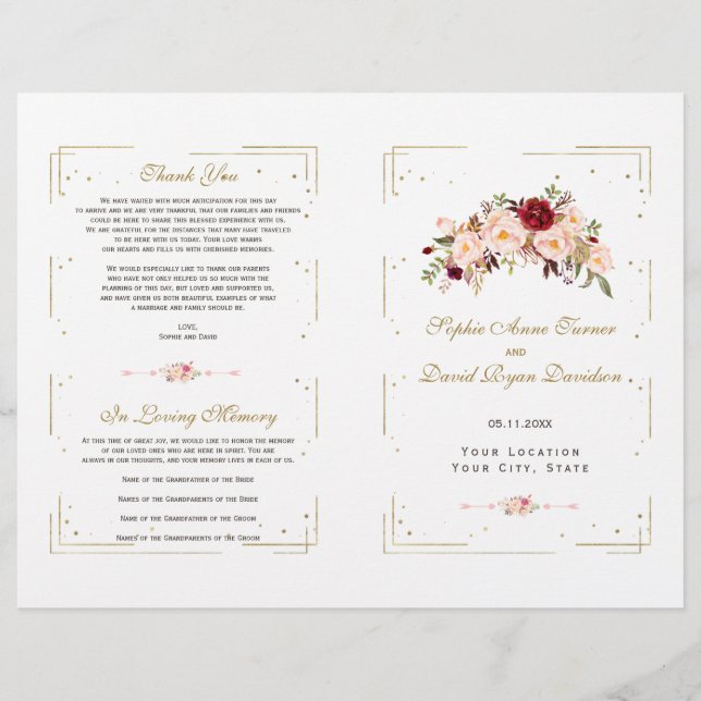 Programa de Boda Purpurina de Oro Floral Rosa de B (Anverso)