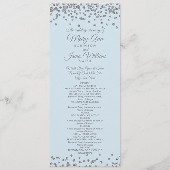 Programa de Boda Purpurina Plata Confetti Azul hel (Anverso)