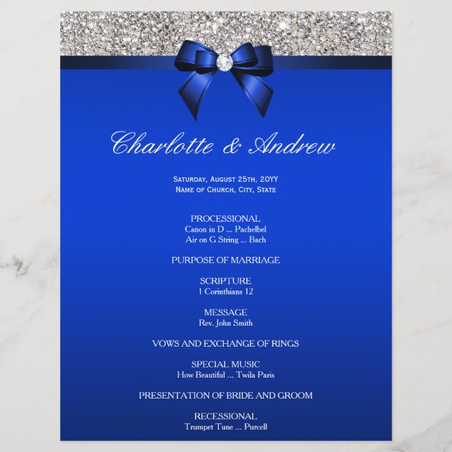 Programa de Boda Real Blue Bow Silver Sequins (Anverso)