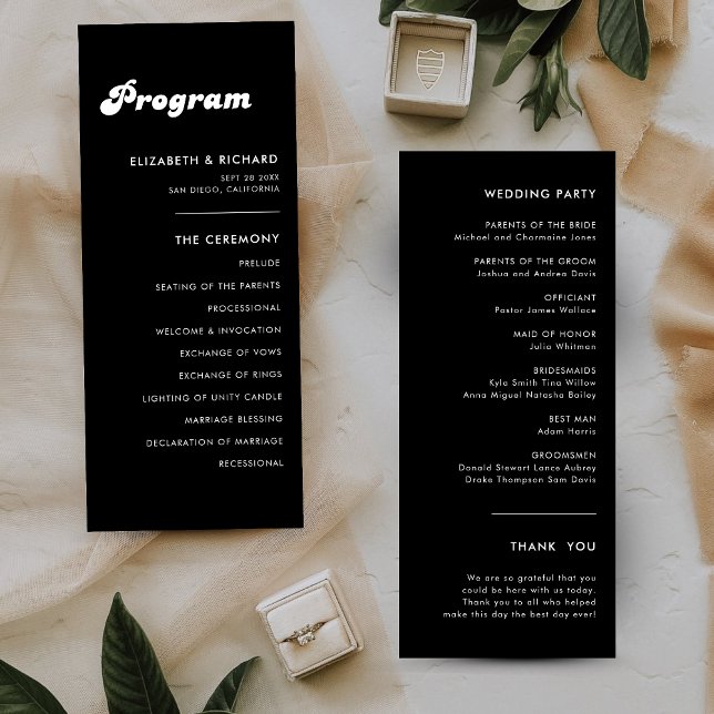 Programa de Boda Retro con Estilo en Blanco y Negr (Stylish retro black and white wedding program adds charm while guiding your ceremony)