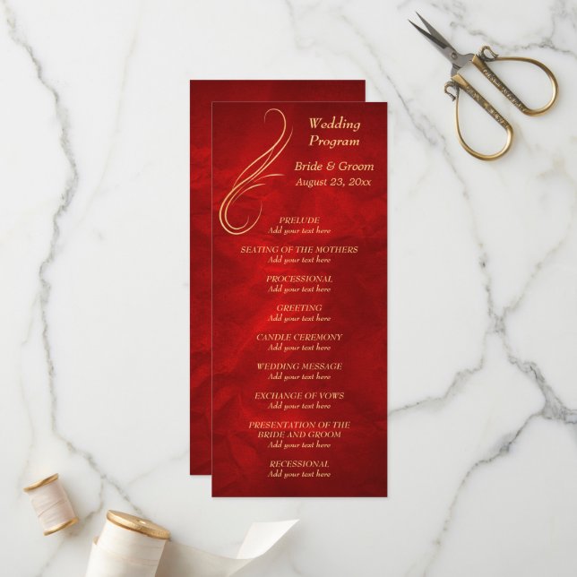 Programa de Boda Roja Brillante Gold Swirl (Anverso/Reverso In Situ)