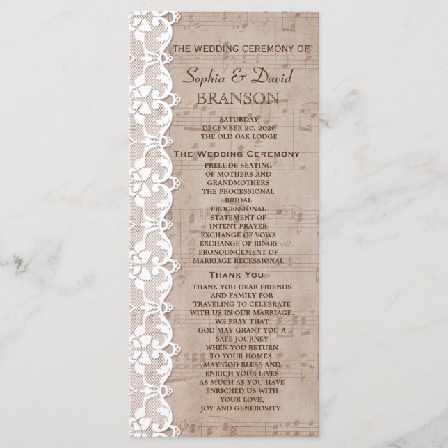 Programa de Boda Romántica y Hoja de Música (Anverso)