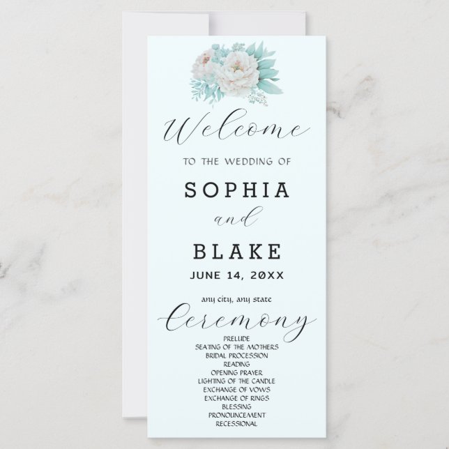 Programa de Boda Romántico Blanco Floral Azul Clar (Anverso)