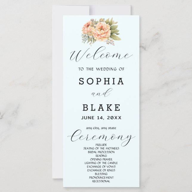 Programa de Boda Romántico Blanco Floral Azul Clar (Anverso)