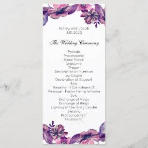 Programa de boda romántico. Ceremonia floral púrpu