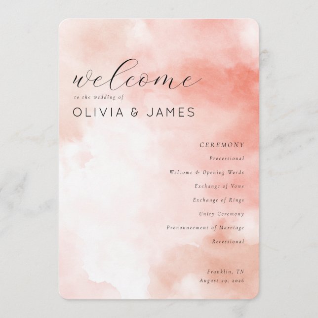 Programa de Boda Romántico con Acuarela Rosa (Anverso)