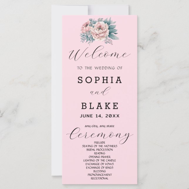 Programa de Boda Romántico de Floral Rosa Suave (Anverso)