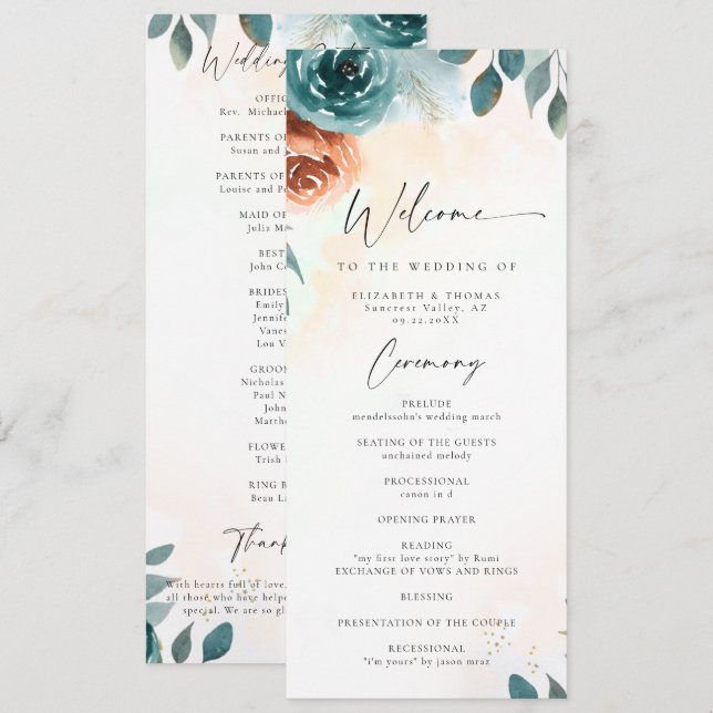 Programa de Boda Romántico de Otoño en Turquesa y  (Anverso / Reverso)