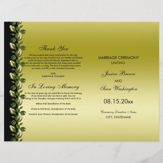 Programa de Boda Romántico Floral Dorado y Negro C (Anverso)