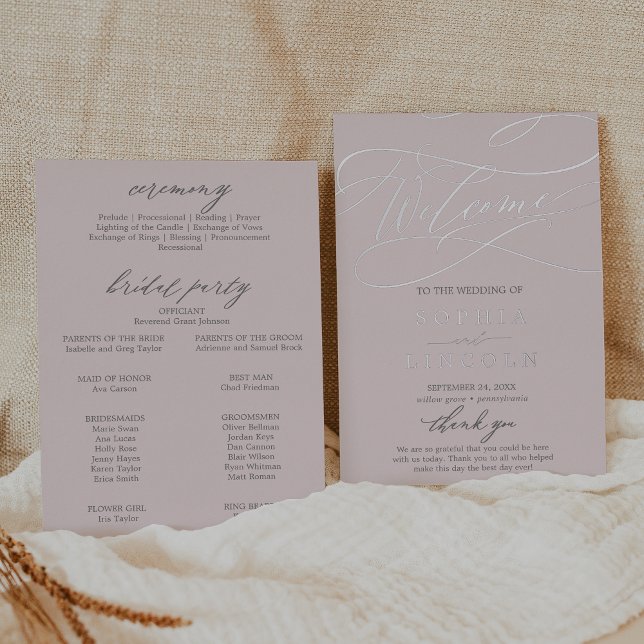 Programa de Boda Romántico Gris y Rosa con Hojas d (Romantic Silver Foil Gray Pink Wedding Program)