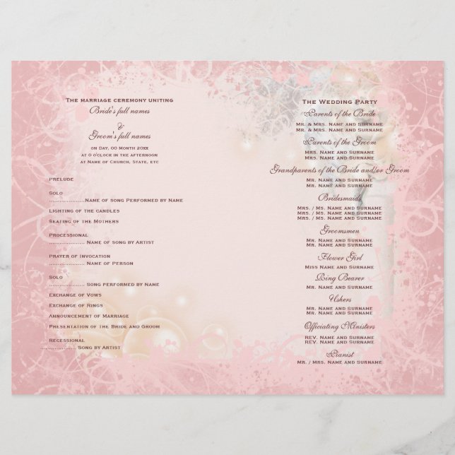 programa de boda rosa blanco caprichoso (Anverso)