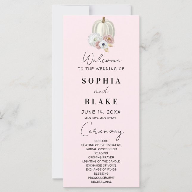Programa de Boda Rosa de Calabaza Floral Blanca (Anverso)