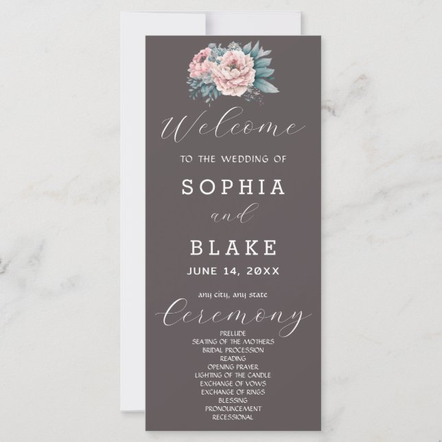 Programa de Boda Rosa Romántico Floral Gris Ceniza (Anverso)
