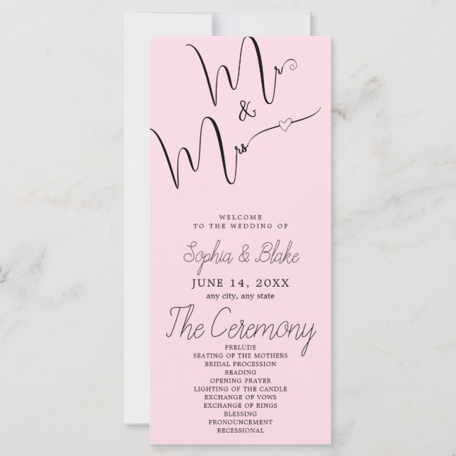 Programa de Boda Rosa Suave de Sr y Sra Minimalist (Anverso)