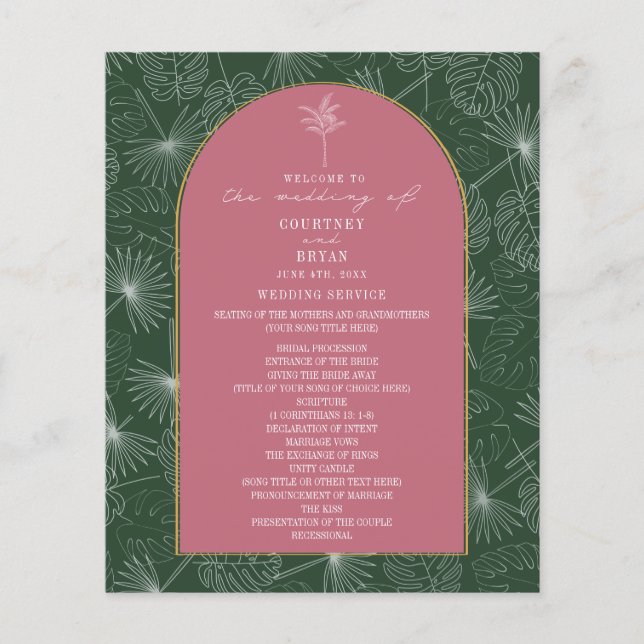 Programa de Boda Rosa y Verde de Hojas de Árbol de (Anverso)