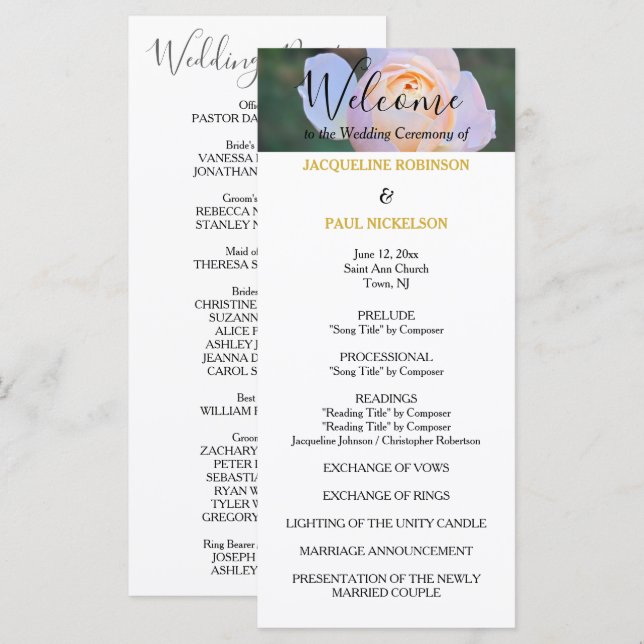 Programa de Boda Rosas Rosa Pastel Nombres en Oro (Anverso / Reverso)