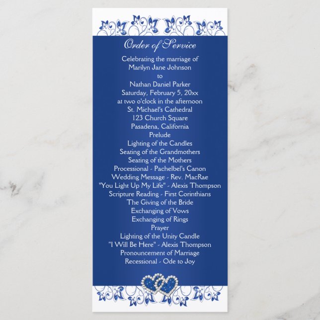 Programa de Boda Royal Blue, White Floral Hearts (Anverso)