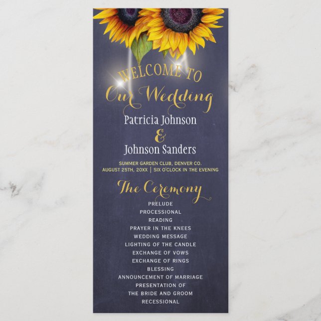 Programa de boda ruso de girasoles azul marino (Anverso)