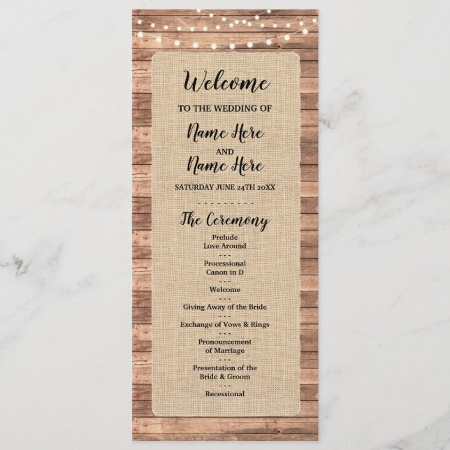 Programa de Boda Rustic Burlap Wood Lights (Anverso)