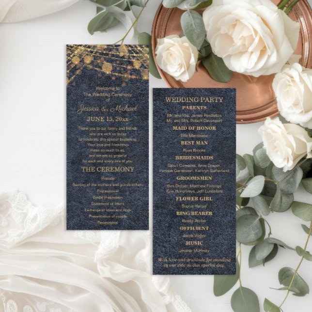 Programa de Boda Rustic Glam Azul y Dorado (Navy blue and gold string lights rustic glam wedding program)