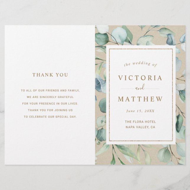 Programa de Boda Rustic Gold Green Watercolor (Anverso)